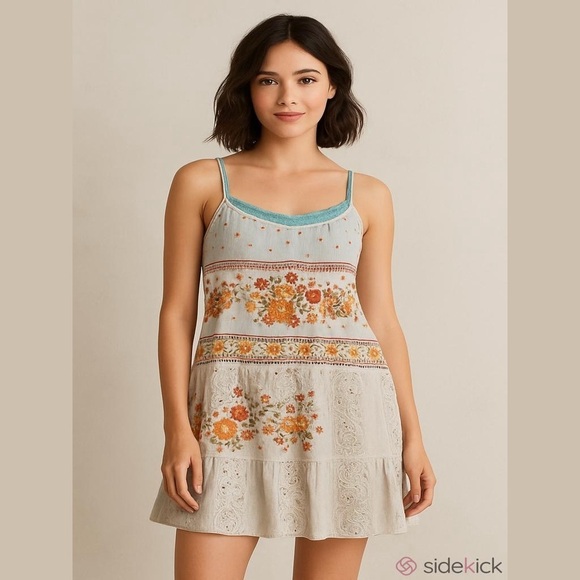 Free People Dresses & Skirts - Free People  Dress and Cami Ivory& Orange Floral Print  Teal Cami  Size S/P NEW
